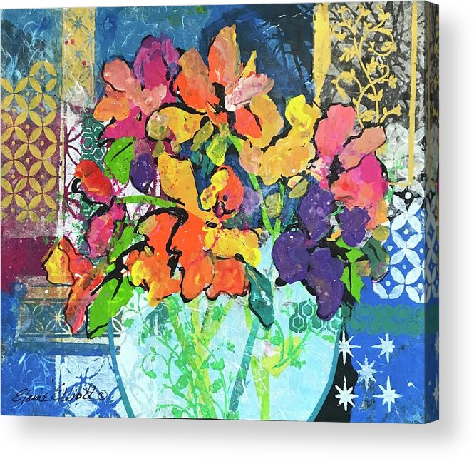 Mixed Flower Bouquet Acrylic Print featuring the painting Patio Profusion by Elaine Elliott