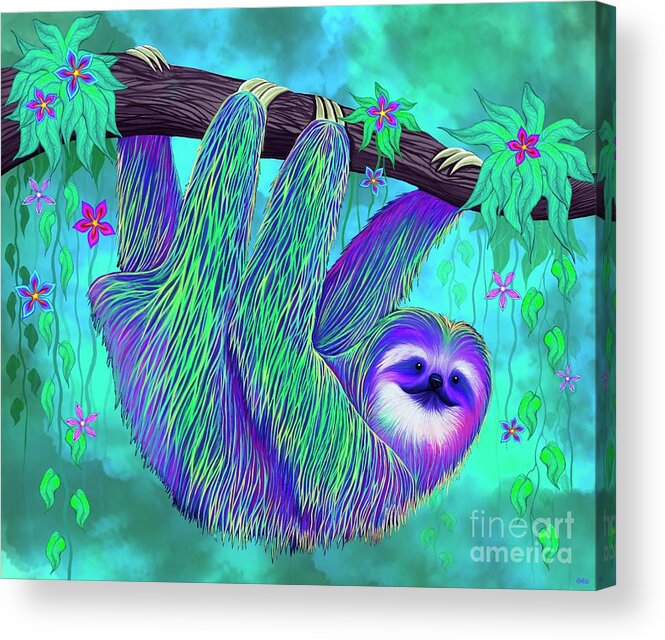 Sloth Acrylic Print featuring the digital art Rain Forest Flowers Sloth by Nick Gustafson