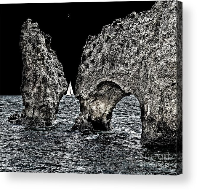 Sail Moon Boat Fantasy Wrinkled Cliffs Tale Sky Delusion Fancy Hallucination Illusion Vision Exaggerated Grotesque Extravagant Fanciful Fairy Waves Visitor Stranger Night Darkness Black Graphical Ocean Surreal Atmospheric Landscape Wonder Sea Textural Moonlight Dream Water Expressive Conceptual Aesthetic Charming Creative Imaginative Imaginations Eccentric Quirky Bizarre Peculiar Singular Weird Uncanny Strange Mystical Imaginary Magical Stylish Associative Mysterious Dramatic Romantic Evocative Acrylic Print featuring the photograph ROMANTIC SAIL ON ANOTHER PLANET, UNDER STARS, FANTASY , Ponte de Piedade #1 by Tatiana Bogracheva