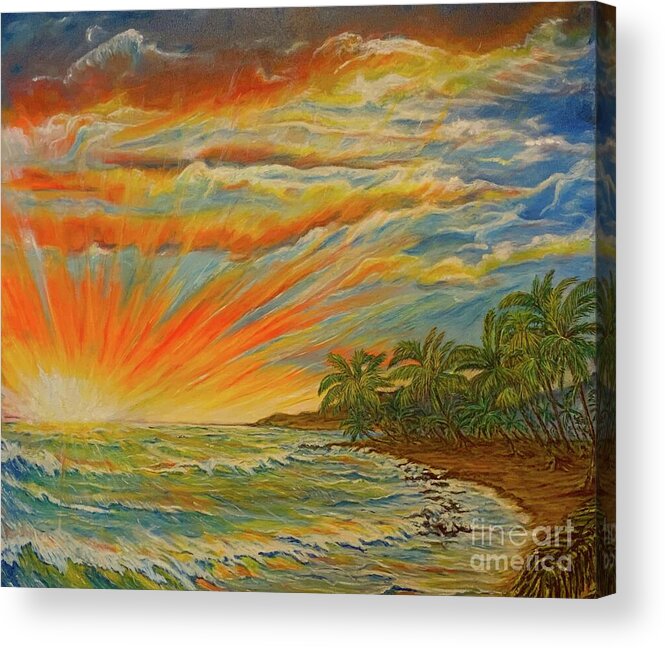 Brilliant Sunset Beach Sunset Acrylic Print featuring the painting Sunset at Kumu nul Kahakai by Michael Silbaugh