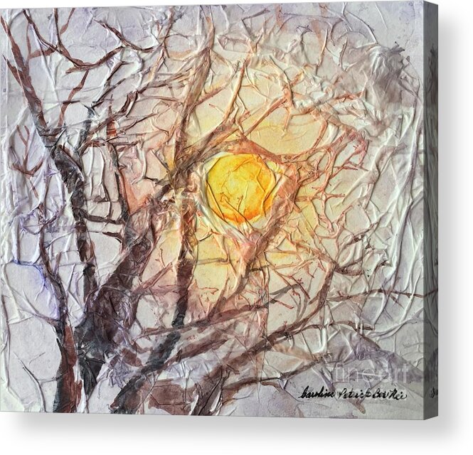 Sunset Trees Rice Paper Acrylic Print featuring the painting Sunset out my Window by Caroline Patrick