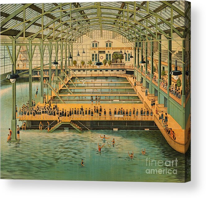 San Francisco Acrylic Print featuring the painting Sutro Baths Seal Rock Victorian San Francisco Bay Public Bath House Pool with Vintage Swimsuits 1885 by Peter Ogden