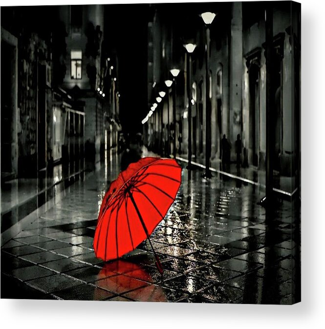 Umbrella Acrylic Print featuring the mixed media The Song Has Been Silenced - Selective Color by Teresa Trotter