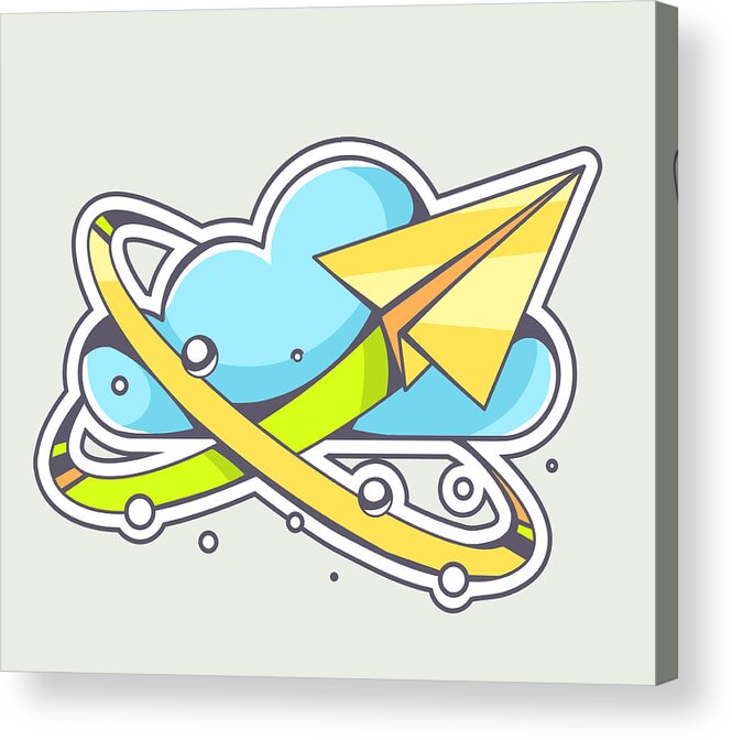 Wind Acrylic Print featuring the drawing Vector illustration of yellow paper plane flying around cloud by Wowomnom