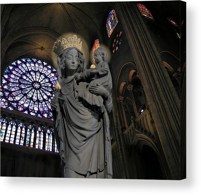 Notre Dame Acrylic Print featuring the mixed media Virgin and Christ Notre Dame by Joan Stratton