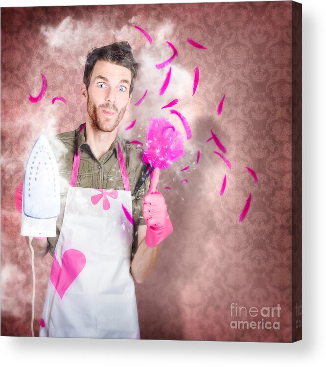Cleaning Acrylic Print featuring the photograph Funny cleaning man doing housework chores #1 by Jorgo Photography