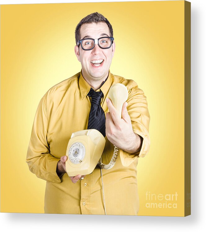 Good News Acrylic Print featuring the photograph Funny nerd handing over good news info #1 by Jorgo Photography