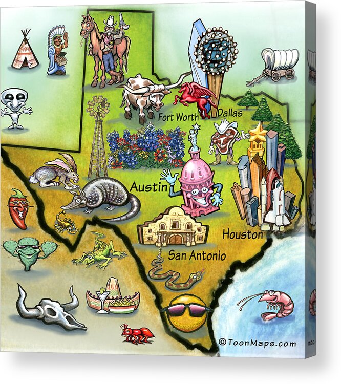 Texas Acrylic Print featuring the digital art Texas Cartoon Map by Kevin Middleton
