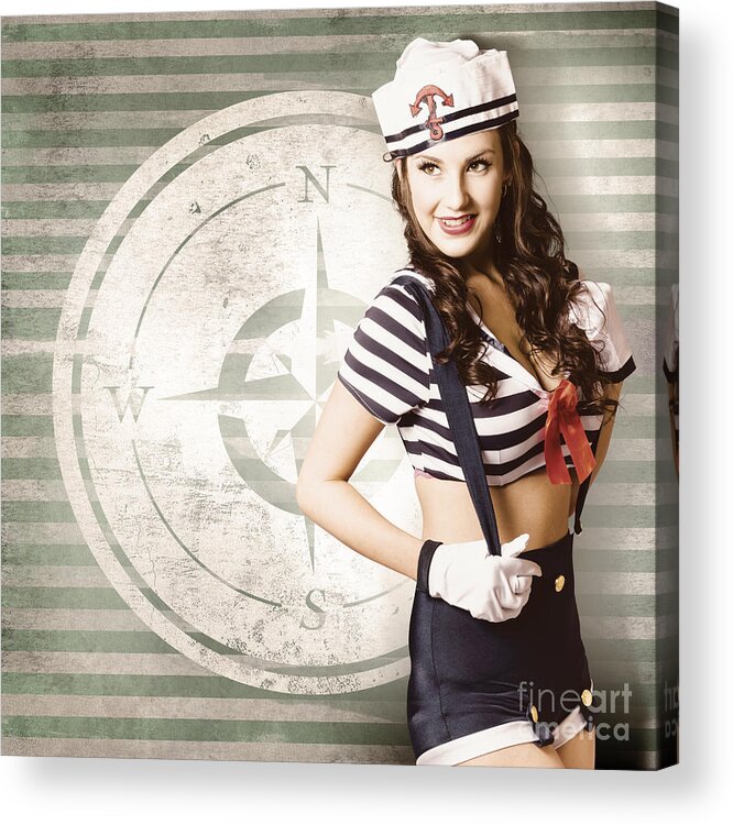 Yachting Acrylic Print featuring the photograph Young sailor pin up girl on travel cruise compass #1 by Jorgo Photography