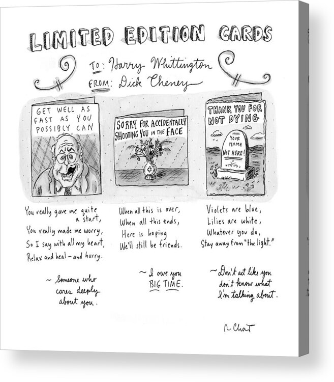 Guns Sports Hunting Incompetents Medical Government 
Captionless Acrylic Print featuring the drawing Limited Edition Cards by Roz Chast