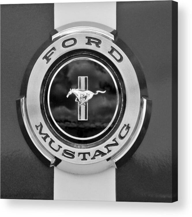1966 Ford Mustang Acrylic Print featuring the photograph 1966 Ford Mustang Shelby Gt 350 Emblem Gas Cap -0295BW by Jill Reger