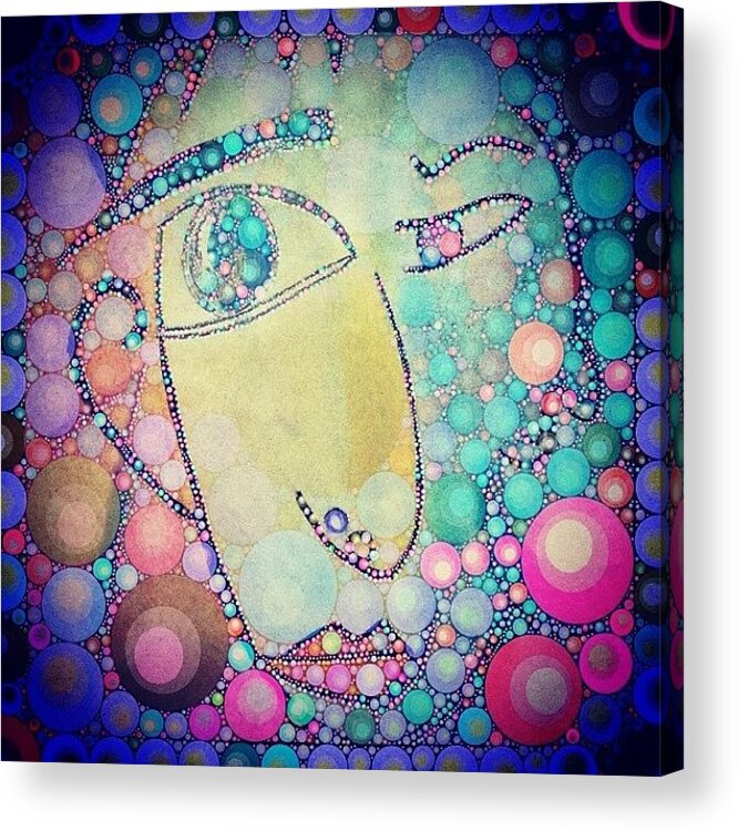 Colour Blue Red Pink Face Eyes Nose Mouth Bright Bold Abstract Fun Ear Circle Watching Living Room Color Hallway Entrance Decorative Multicoloured Unique Different Original Spots Dots Round Warm Sitting Room Amazing Beautiful Acrylic Print featuring the photograph Suspicious #2 by Lisa Claire Harrison