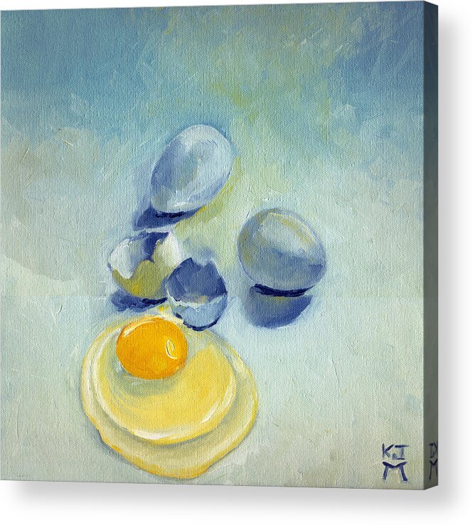 Eggs Acrylic Print featuring the painting 3 Eggs on Blue by Katherine Miller