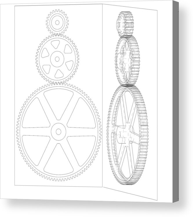 Gears Acrylic Print featuring the digital art 3 Gear 2D/3D Reflection by JC Lieber