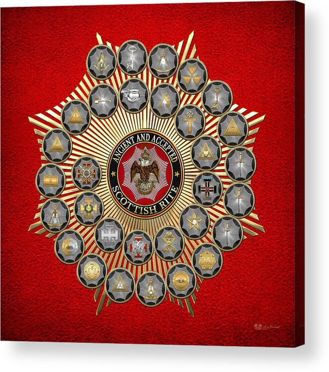 'scottish Rite' Collection By Serge Averbukh Acrylic Print featuring the digital art 33 Scottish Rite Degrees on Red Leather by Serge Averbukh