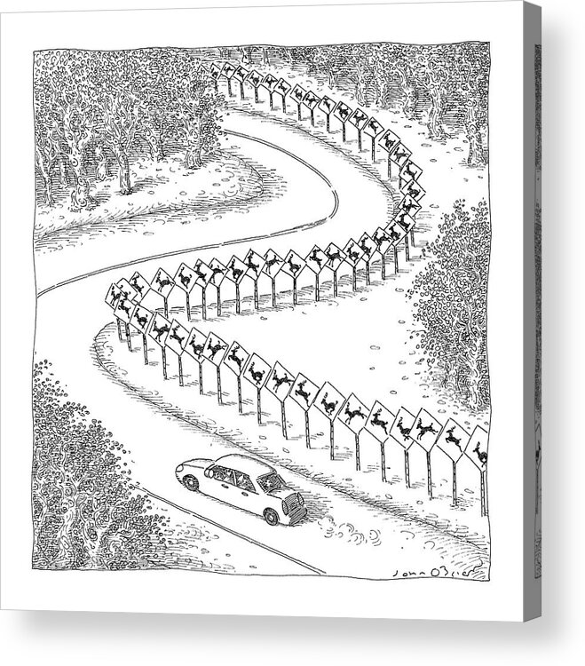 Autos Rural Deer Problems Road Signs

(closely Spaced 'deer Crossing' Signs With Animated Jumping Deer Pictured.) 120177 Job John O'brien Acrylic Print featuring the drawing New Yorker December 6th, 2004 by John O'Brien