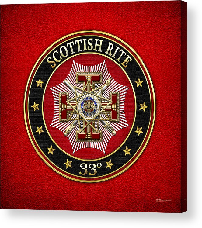 'scottish Rite' Collection By Serge Averbukh Acrylic Print featuring the digital art 33rd Degree - Inspector General Jewel on Red Leather by Serge Averbukh