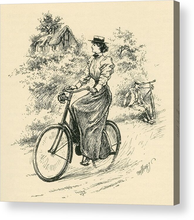 Retro Acrylic Print featuring the drawing A 19th Century Female Cyclist by English School