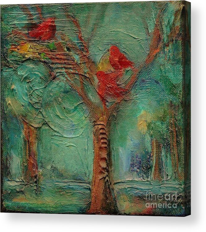 Whimsical Bird Painting Acrylic Print featuring the painting A Home in the Woods by Mary Wolf