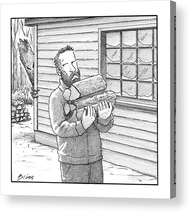 Captionless Horror Movie Acrylic Print featuring the drawing A Man Carries Firewood Back To His Cabin by Harry Bliss