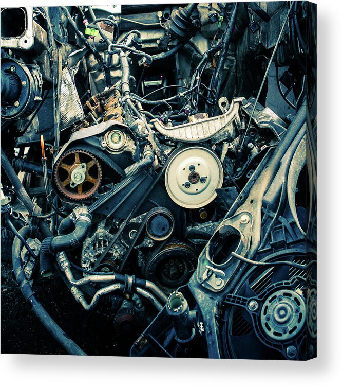 Problems Acrylic Print featuring the photograph A Mangled Dismantled Car Engine by Photo By Brian T. Evans