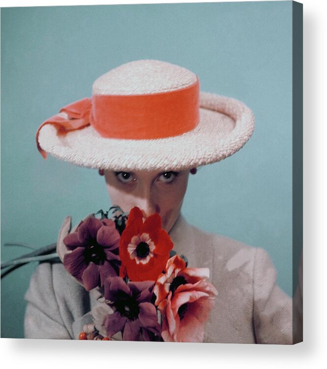Fashion Acrylic Print featuring the photograph A Model Wearing A Straw Hat by Clifford Coffin