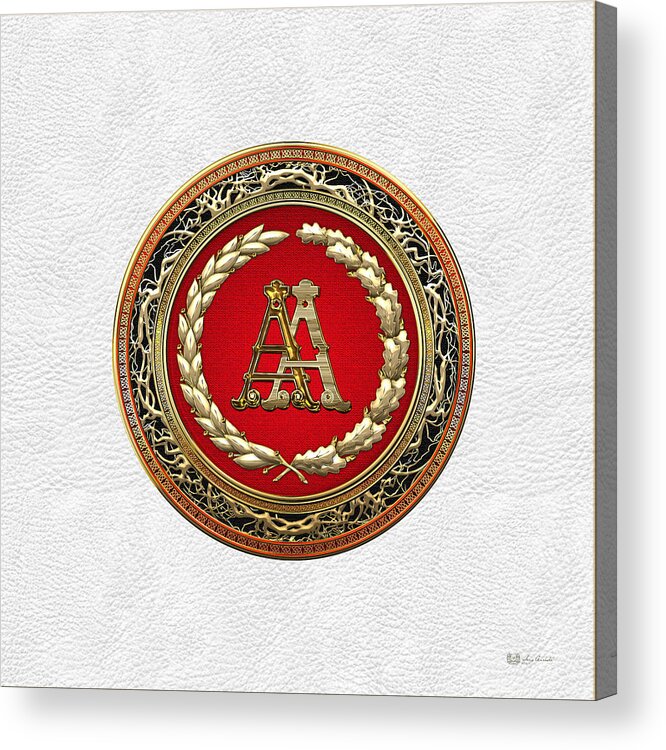 C7 Vintage Monograms 3d Acrylic Print featuring the digital art AA Initials - Gold Antique Monogram on White Leather by Serge Averbukh