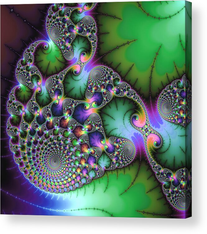 Fractal Acrylic Print featuring the digital art Abstract fractal art green purple jewel colors square format by Matthias Hauser