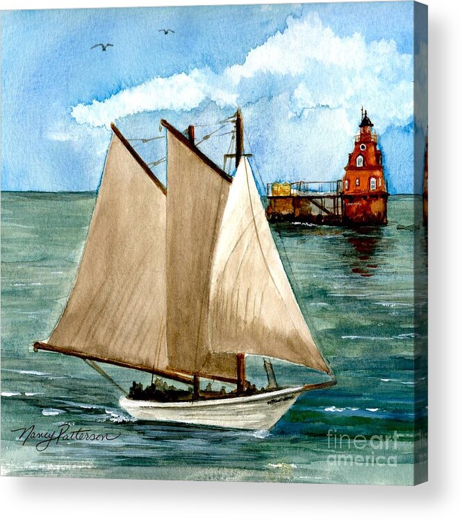 Ship John Shoal Lighthouse Acrylic Print featuring the painting AJ Meerwald Passing Ship John Shoal Lighthouse by Nancy Patterson