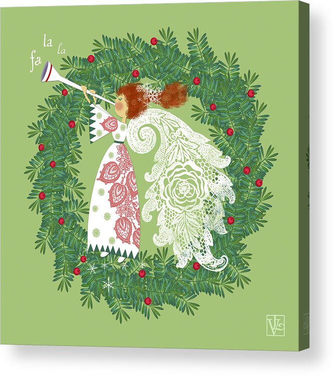 Christmas Acrylic Print featuring the digital art Angel with Christmas Wreath by Valerie Drake Lesiak