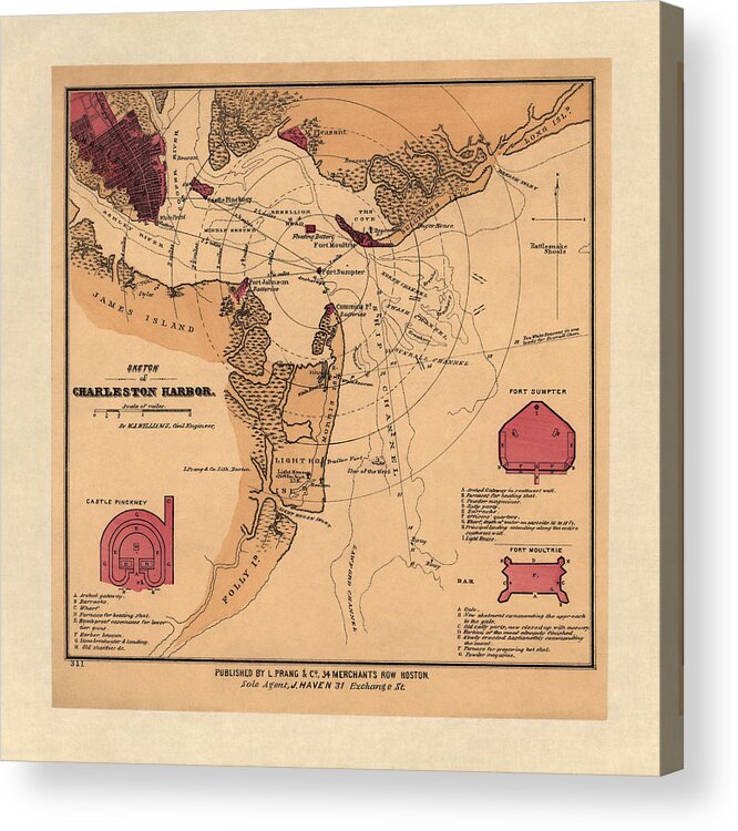 Charleston Acrylic Print featuring the drawing Antique Map of Charleston Harbor South Carolina by W. A. Williams - circa 1861 by Blue Monocle