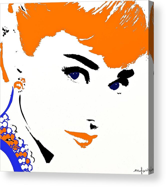 Audrey So Beautiful In Orange And Blue Acrylic Print featuring the painting Audrey So Beautiful in Orange and Blue by Saundra Myles
