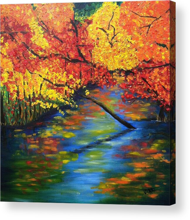 Autumn Acrylic Print featuring the painting Autumn Crossing the River by Vikki Angel