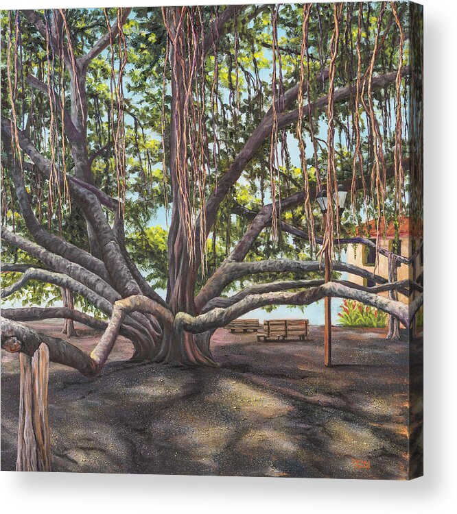 Landscape Acrylic Print featuring the painting Banyan Tree Lahaina Maui by Darice Machel McGuire