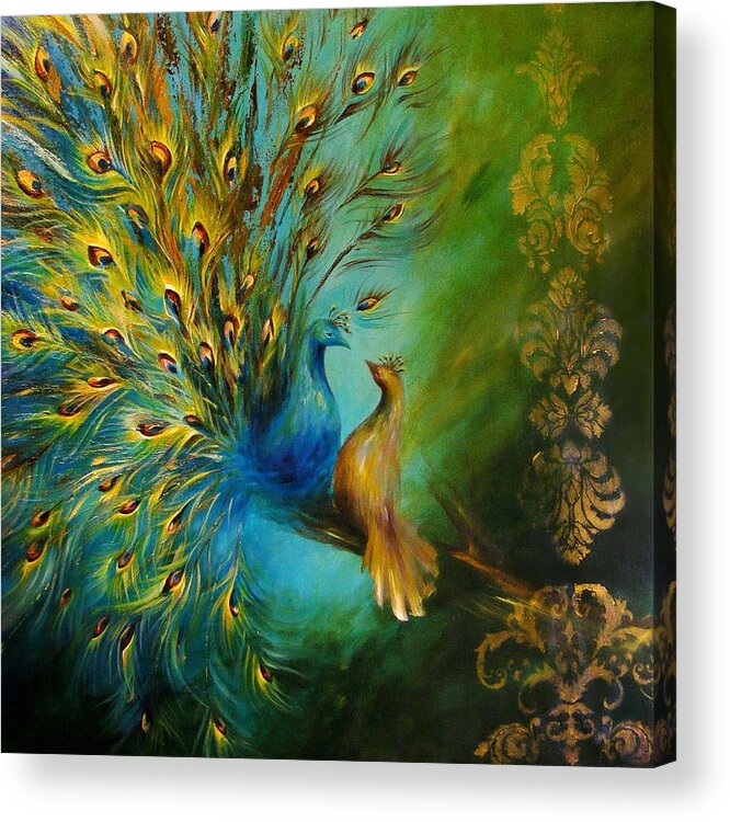 Birds Acrylic Print featuring the painting Birds of a Feather peacocks 3 by Dina Dargo