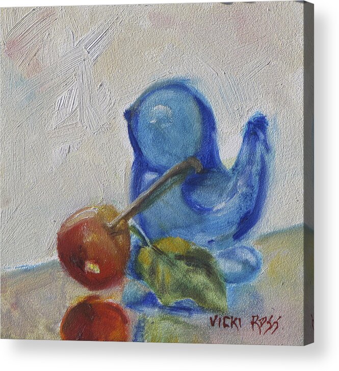 Blue Bird Acrylic Print featuring the painting Blue Bird and Cherry by Vicki Ross