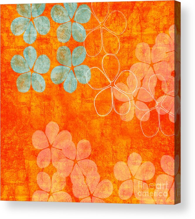 Abstract Acrylic Print featuring the painting Blue Blossom on Orange by Linda Woods
