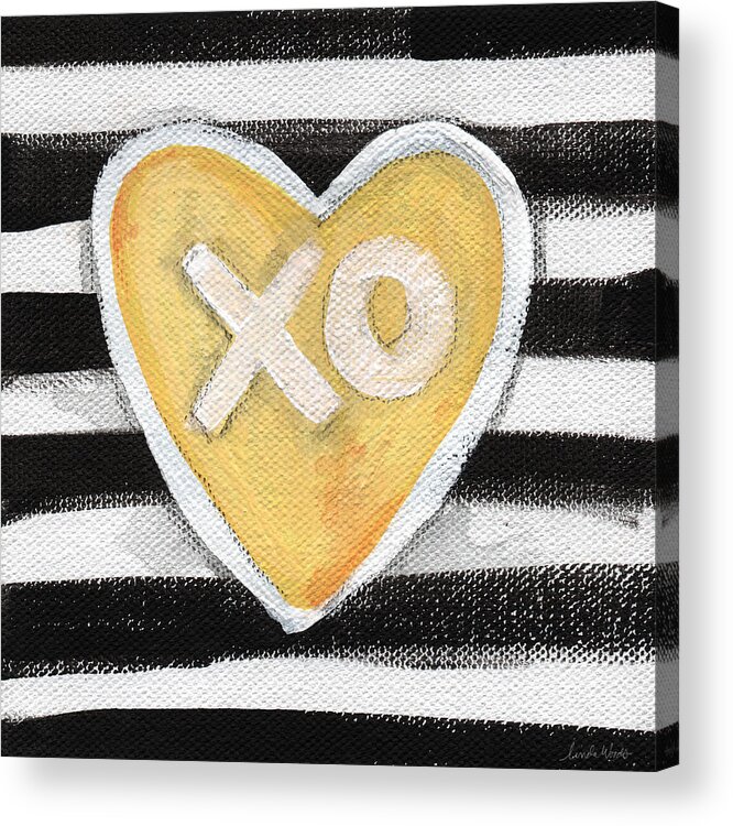 Love Heart Valentine Romance Stripes Black White Yellow Grey Pop Art Contemporary Art Watercolor Ink Painting Xo Family Friend Wife Husband Bedroom Art Kitchen Art Living Room Art Gallery Wall Art Art For Interior Designers Hospitality Art Set Design Wedding Gift Art By Linda Woodspillow Acrylic Print featuring the painting Bold Love by Linda Woods