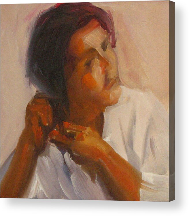 Figurative Acrylic Print featuring the painting Braiding by Connie Schaertl