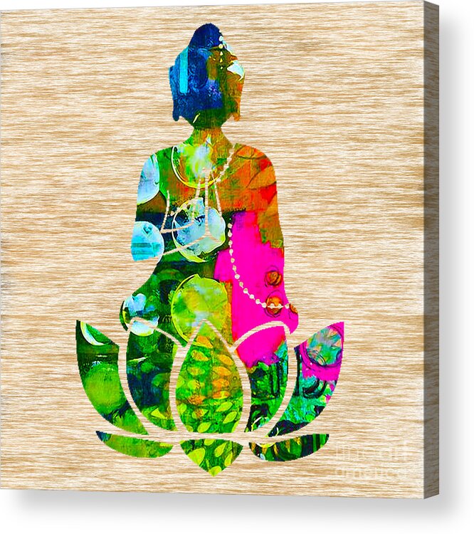 Namaste Paintings Acrylic Print featuring the mixed media Buddah On A Lotus by Marvin Blaine