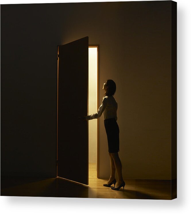 People Acrylic Print featuring the photograph Business Woman Opening Door Standing In Light by D-base