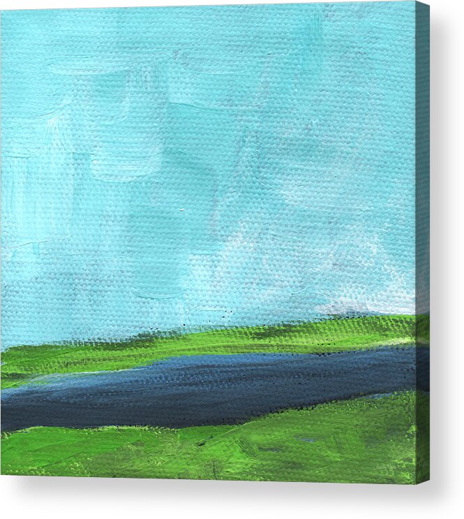 River Acrylic Print featuring the painting By The River- abstract landscape painting by Linda Woods