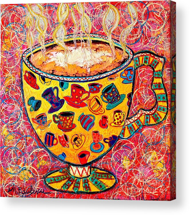 Coffee Acrylic Print featuring the painting Cafe Latte - Coffee Cup With Colorful Coffee Cups Some Pink And Bubbles by Ana Maria Edulescu
