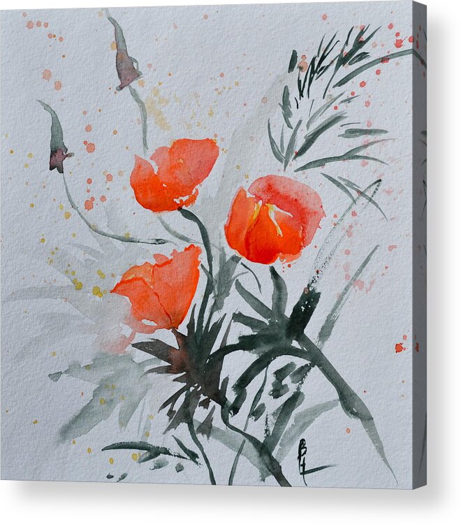 Poppy Acrylic Print featuring the painting California Poppies Sumi-e by Beverley Harper Tinsley