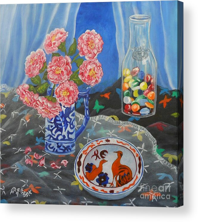 Camellia Acrylic Print featuring the painting Camellias with Glass Beads by Caroline Street