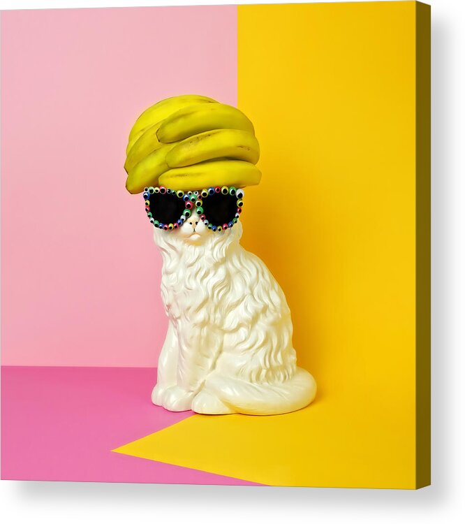 Statue Acrylic Print featuring the photograph Cat Wearing Sunglasses And Banana Wighat by Juj Winn