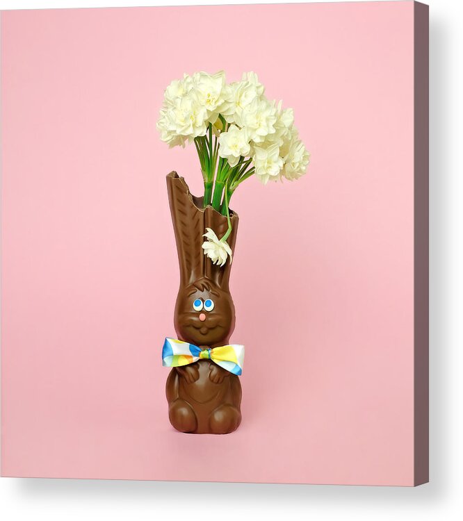 Vase Acrylic Print featuring the photograph Chocolate Rabbit Vase With Flowers by Juj Winn