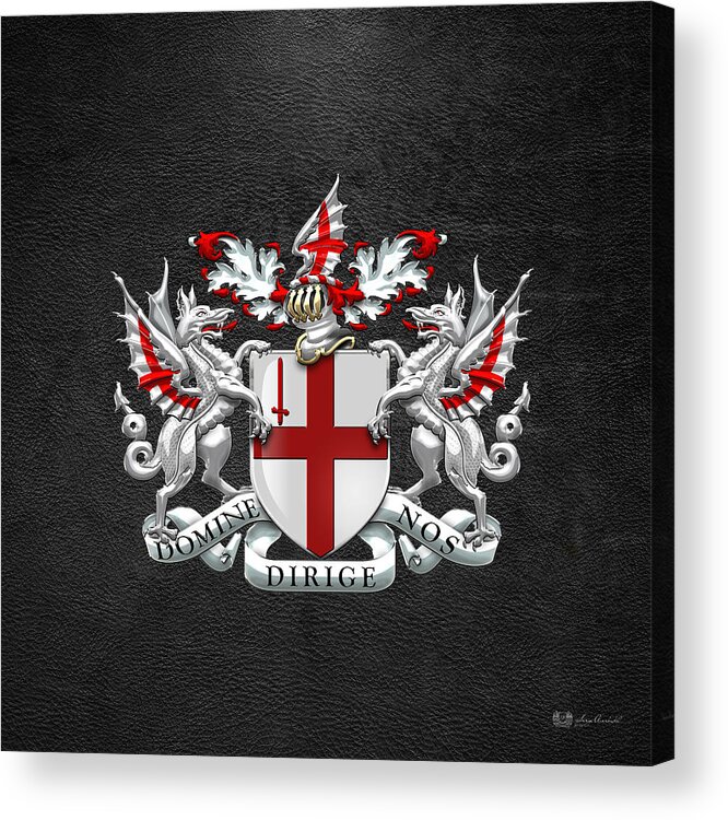 'cities Of The World' Collection By Serge Averbukh Acrylic Print featuring the digital art City of London - Coat of Arms over Black Leather by Serge Averbukh