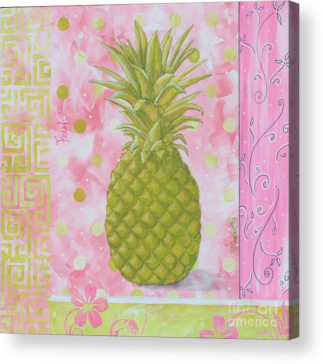 Coastal Acrylic Print featuring the painting Coastal Decorative Pink Green Floral Greek Pattern Fruit Art FRESH PINEAPPLE by MADART by Megan Aroon