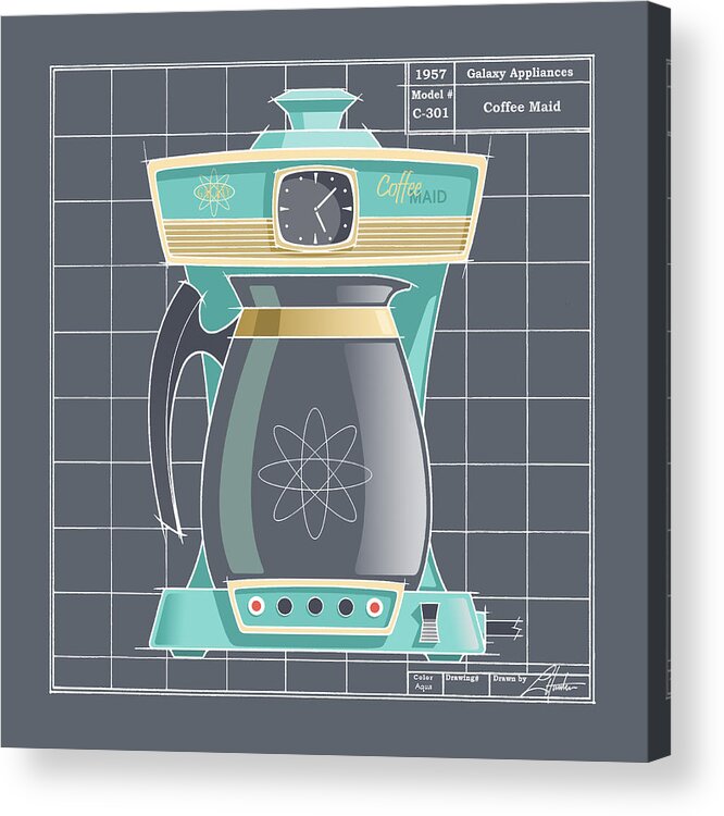 Mid Century Acrylic Print featuring the drawing CoffeeMaid -aqua by Larry Hunter